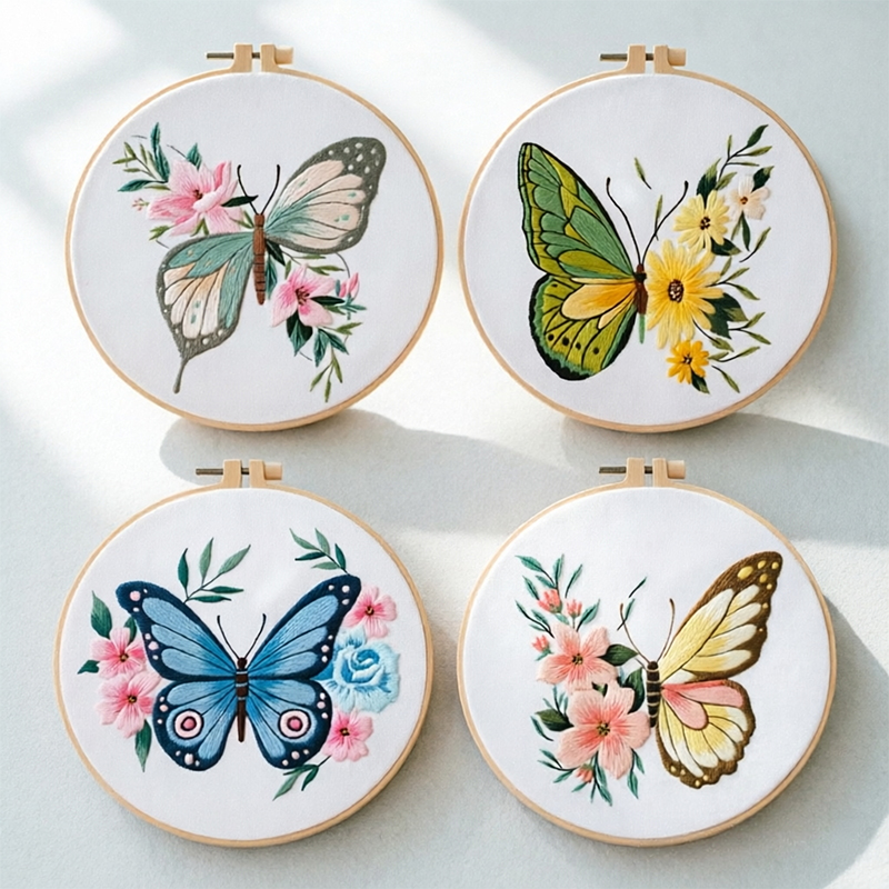 Embroidery - 1個 20X20CM 7.87インチ 刺繍蝶キット 初心者向けDIYホームデコレーション手芸用生地、糸、針、枠付き