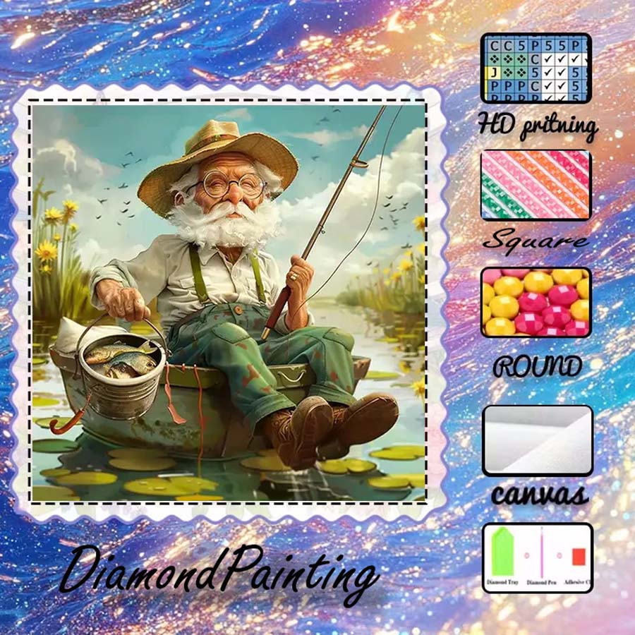 5D Diamond Painting Kit Full Drill - 5D DIYフロッキングクロス1枚、特殊ドリル、ダイヤモンドペインティングキット、釣り、老人、パターンモザイク、ダイヤモンドアート