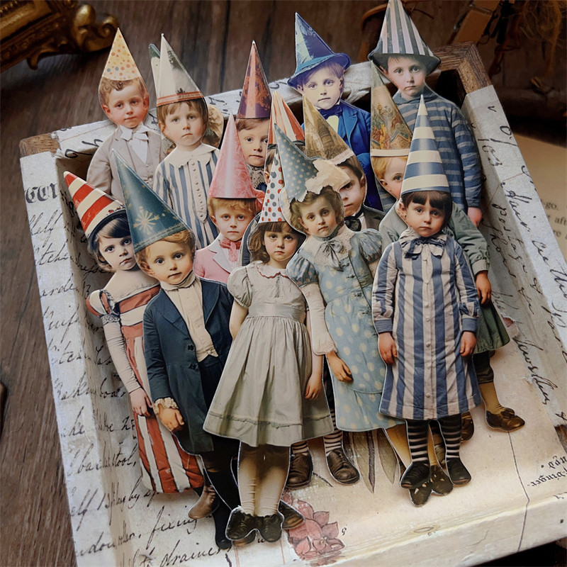 Vintage Junk Journal Scrapbooking Paper - 15 個ヴィンテージピエロパーティー子供紙人形カードストックジャンクジャーナルエフェメラ装飾レトロキャラクター紙スクラップブッキング用品