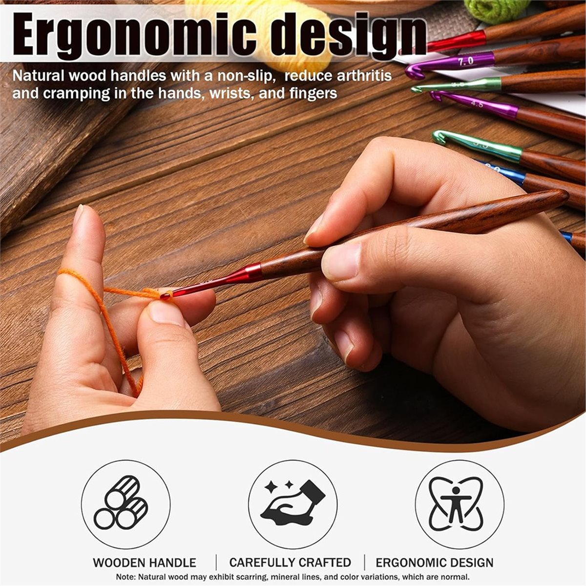 Wooden Crochet Hooks Ergonomic Handle - 2026年新発売のかぎ針セット、関節炎の手に優しい人間工学に基づいた木製ハンドルのかぎ針、5本セット - 3.0mm～7.0mm
