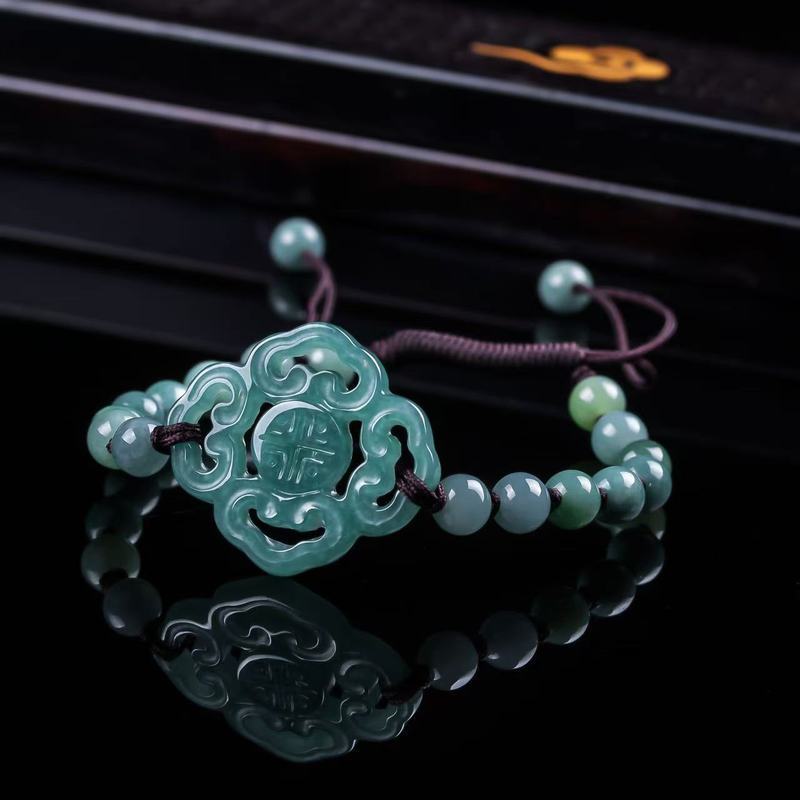 Beading - 天然ジェダイトAグレードブレスレット オリジナルデザイン ファッションブルーウォーターアイスタイプ ラウンドビーズジュエリー 男女兼用