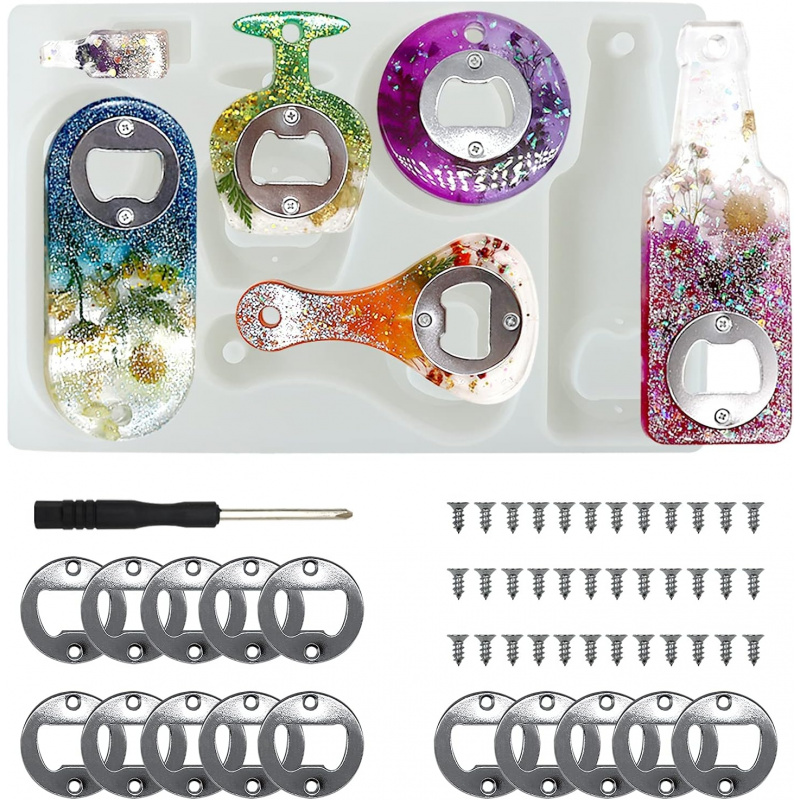 Silicone Epoxy Resin Molds Set - ボトルオープナー樹脂型、ビール用シリコンセット（ドライバーと金属パーツ付き）、ビールボトルオープナー用シリコン型、エポキシ樹脂キャスティング