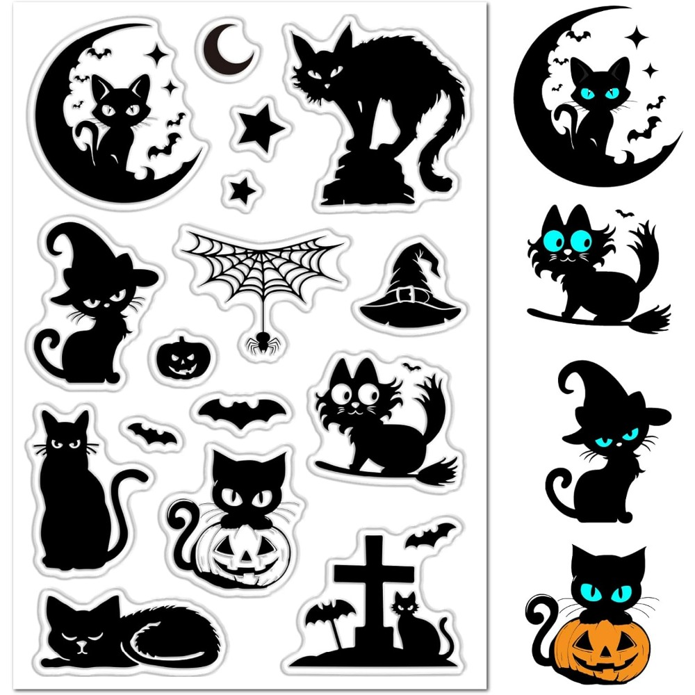 Clear Silicone Stamps For Card Making - ハロウィン黒猫クリアゴムスタンプカボチャコウモリ墓石魔女帽子ムーンスタークリアスタンプカード作成フォトアルバム
