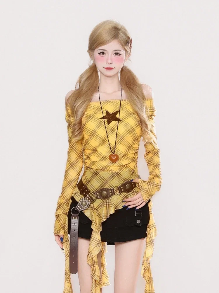 Y2K チェック柄スラッシュネックヴィンテージ T シャツ、 - Embroidery のレビューと価格