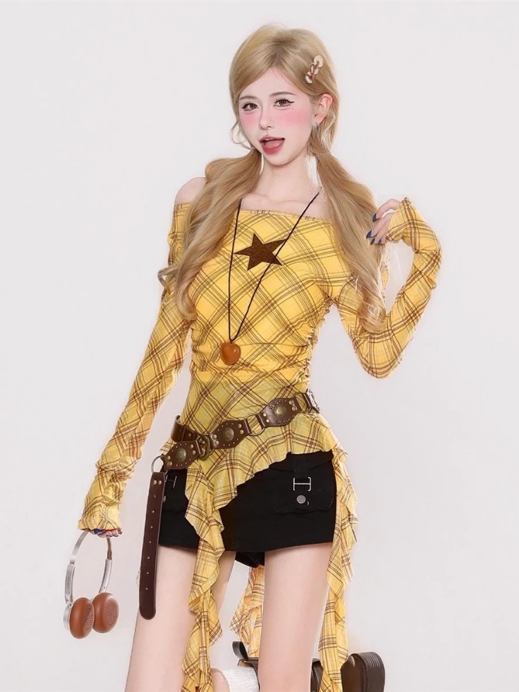 Y2K チェック柄スラッシュネックヴィンテージ T シャツ、 - Embroidery のレビューと価格