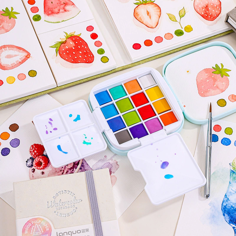 LANGUO 16色水彩絵具セット 旅行用携帯ボックス 水筆 - Watercolor Paint Set Solid Pigment のレビューと価格