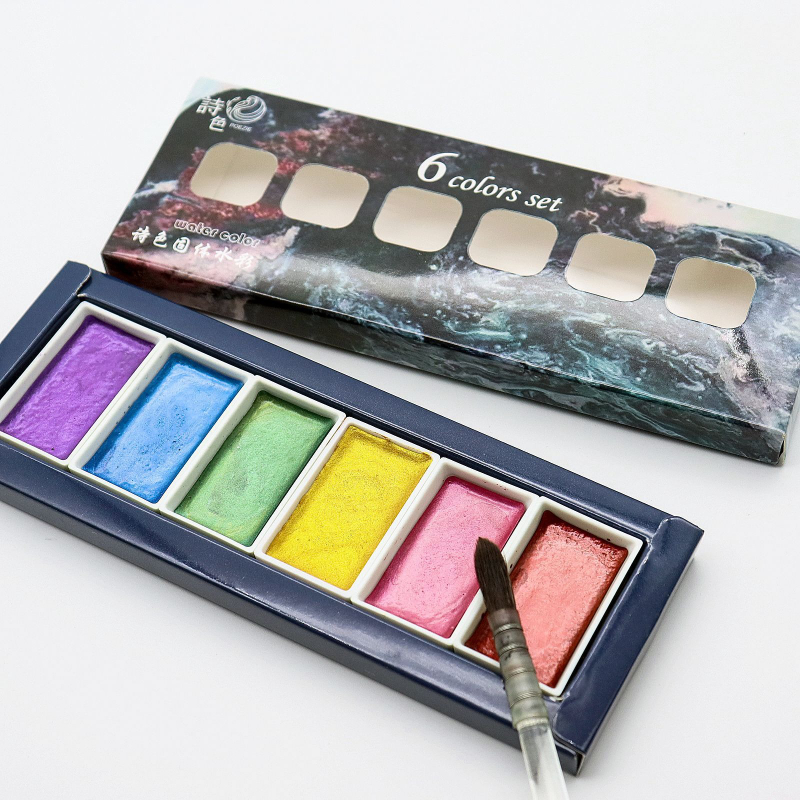 6 色水溶性メタルパール水彩顔料ソリッドセットアーティスト水 - Watercolor Paint Set Solid Pigment のレビューと価格