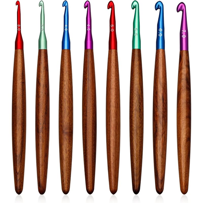 AB34-木製ハンドル付きアルミニウムかぎ針、8本セット、3 - Wooden Crochet Hooks Ergonomic Handle のレビューと価格