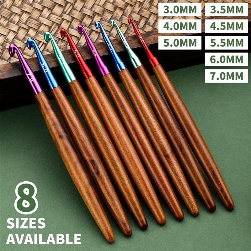 AB34-木製ハンドル付きアルミニウムかぎ針、8本セット、3 - Wooden Crochet Hooks Ergonomic Handle のレビューと価格