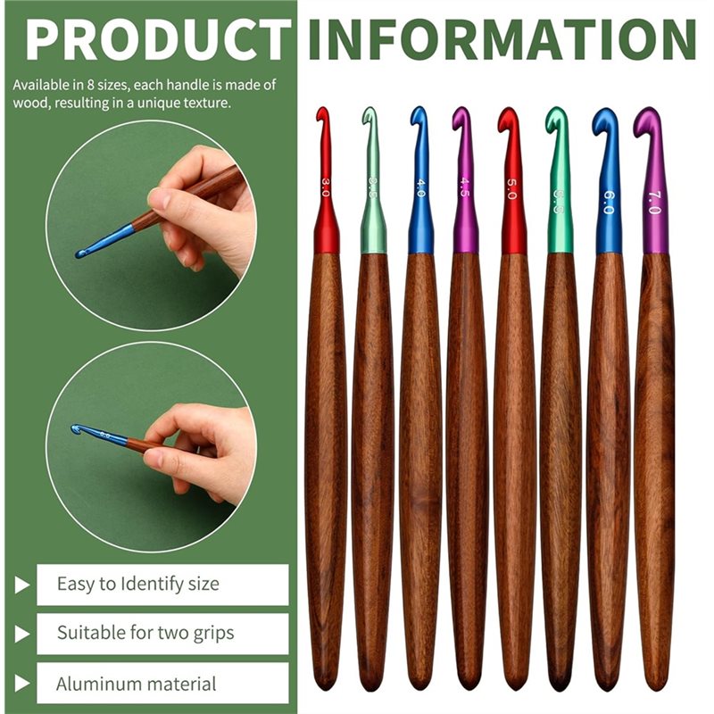 AB34-木製ハンドル付きアルミニウムかぎ針、8本セット、3 - Wooden Crochet Hooks Ergonomic Handle のレビューと価格