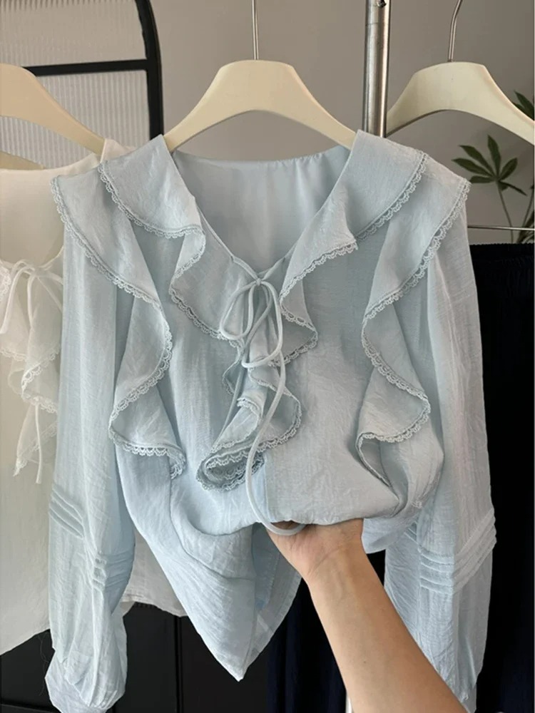 フレンチ V ネック シックな長袖ブラウス レディース 春夏 - Embroidery のレビューと価格