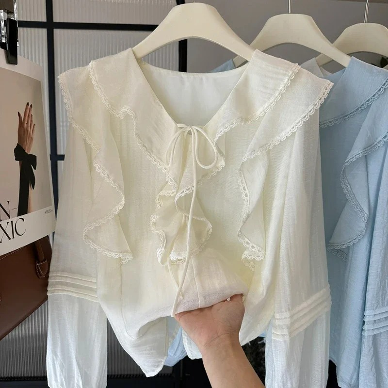 フレンチ V ネック シックな長袖ブラウス レディース 春夏 - Embroidery のレビューと価格
