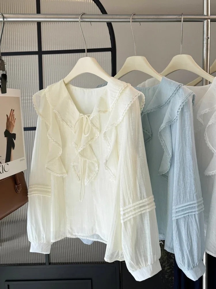 フレンチ V ネック シックな長袖ブラウス レディース 春夏 - Embroidery のレビューと価格